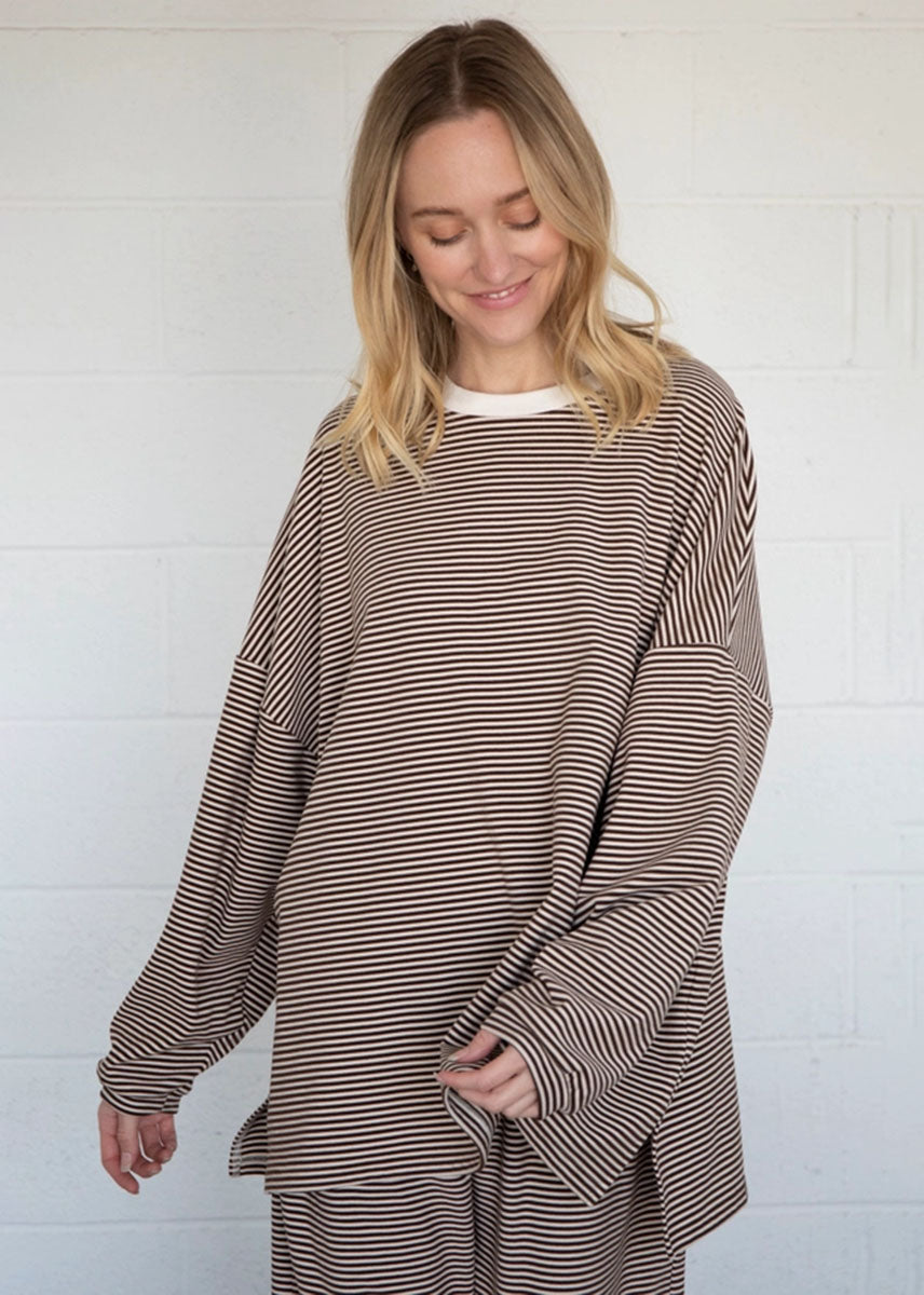 Dani Striped Fleece Oversized Top - Brown