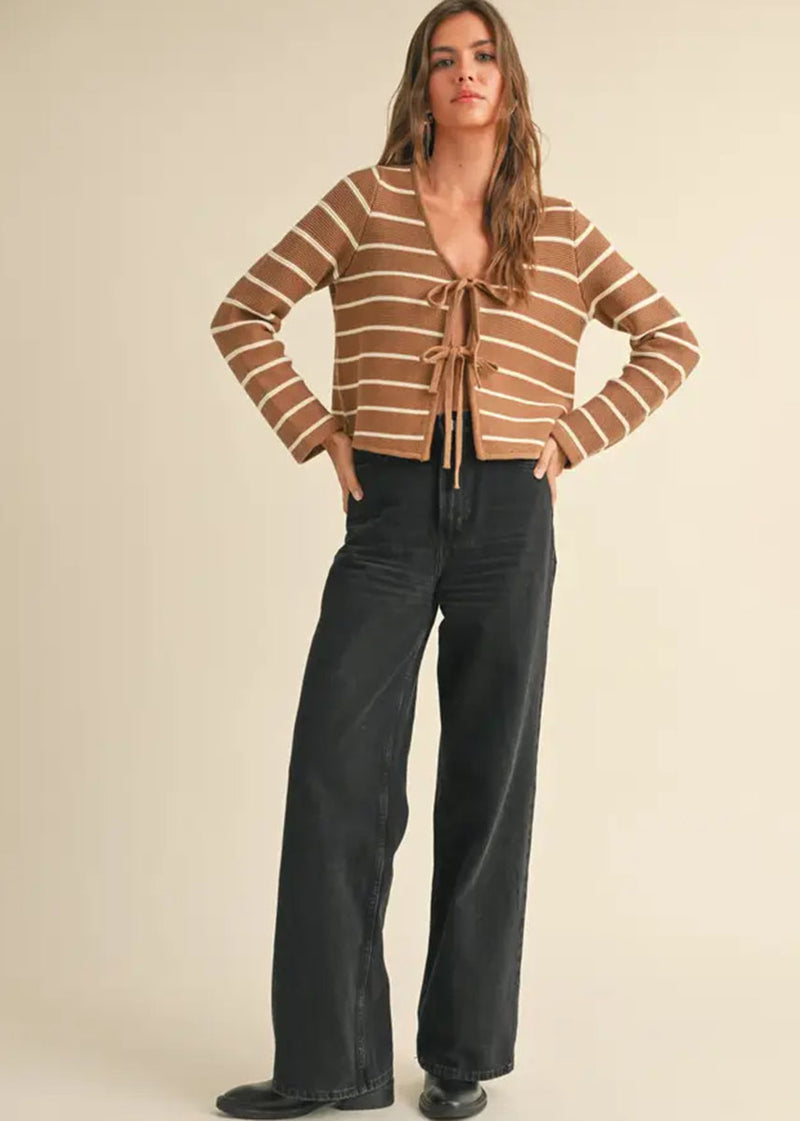 Nancy Striped Tie-Front Cardigan - Mocha & White