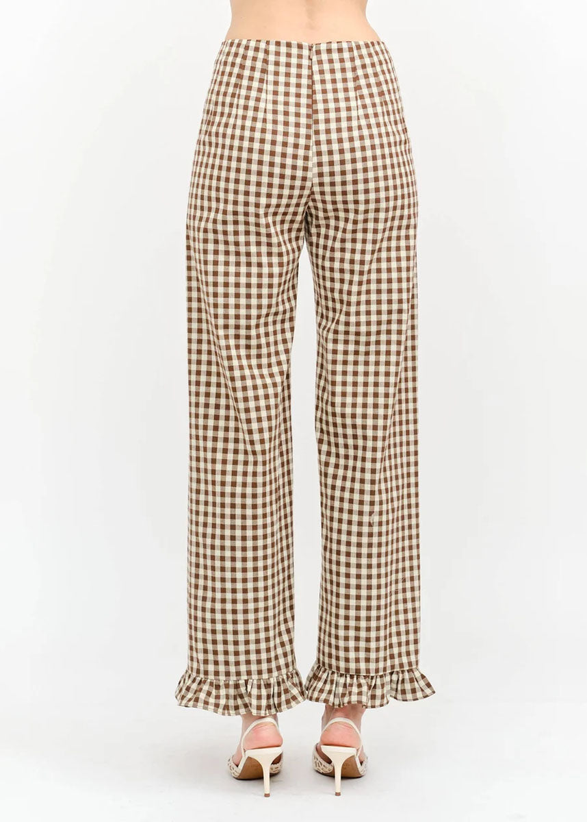 Paloma Straight Ruffle Gingham Pant - Brown