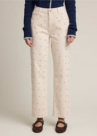 Studded Straight-Leg Denim Pants - Cream