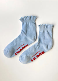 Ruffled Hugger Crew Socks - Periwinkle & Red