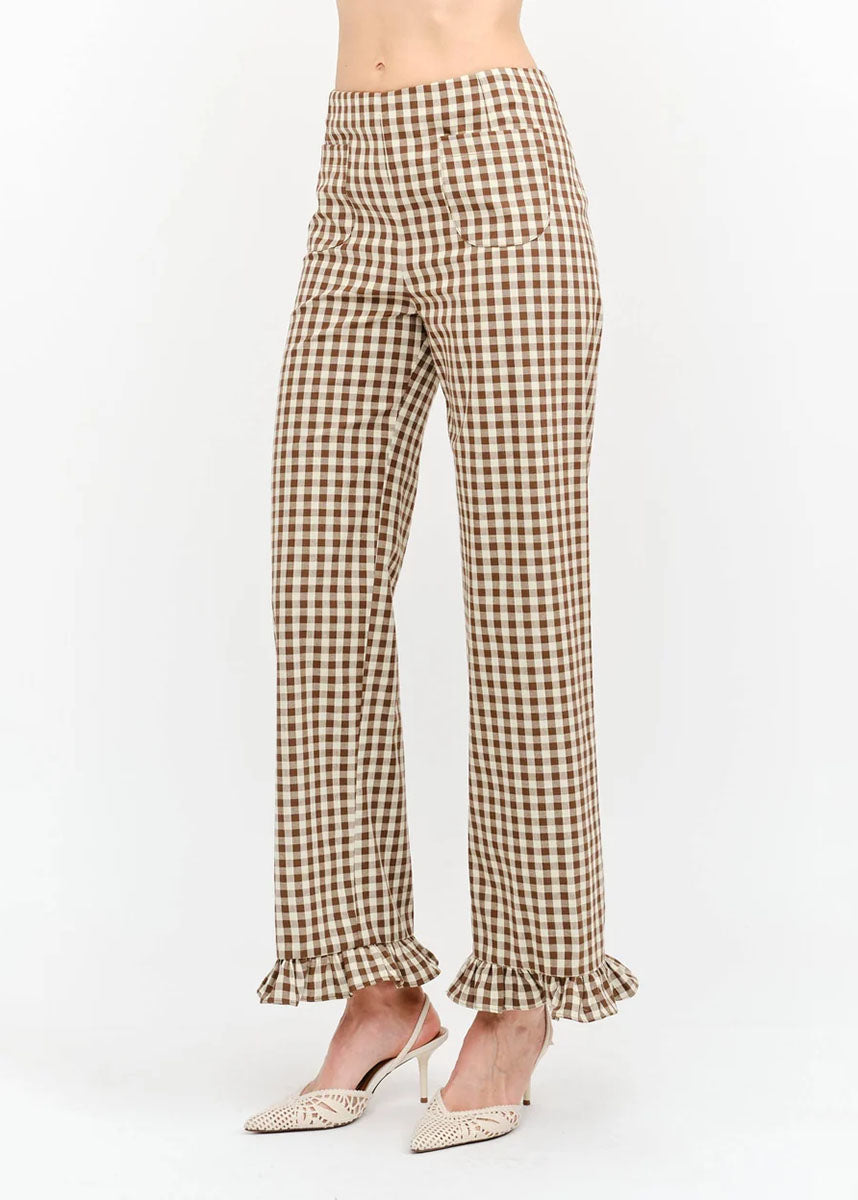 Paloma Straight Ruffle Gingham Pant - Brown
