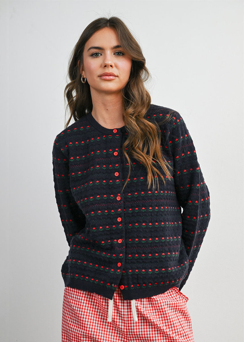 Vera Floral Cardigan - Navy & Red