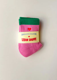 Embroidered Color Block Girlfriend Socks - Rose Green Heart