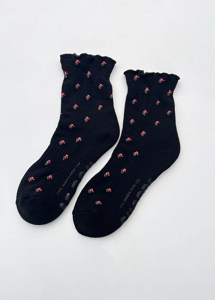 Ruffled Hugger Crew Socks - Black Petal