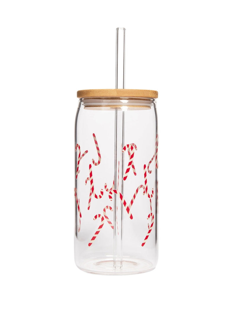 Candy Cane Can Glass + Lid & Straw