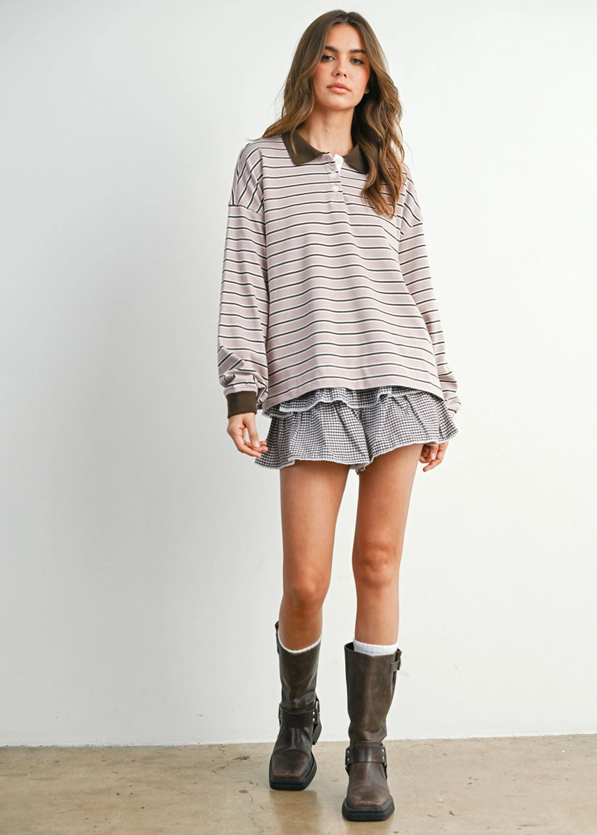 Megan Quarter-Button Stripe Collared Top - Mauve & Brown