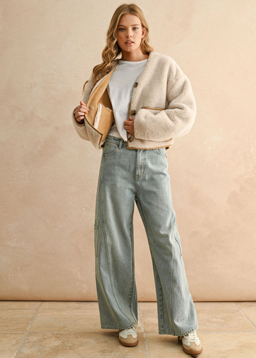 Judy Reversible Suede & Sherpa Jacket - Camel