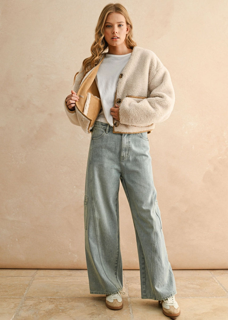 Judy Reversible Suede & Sherpa Jacket - Camel