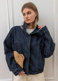 Hillary High Neck Drawstring Denim Jacket - Dark