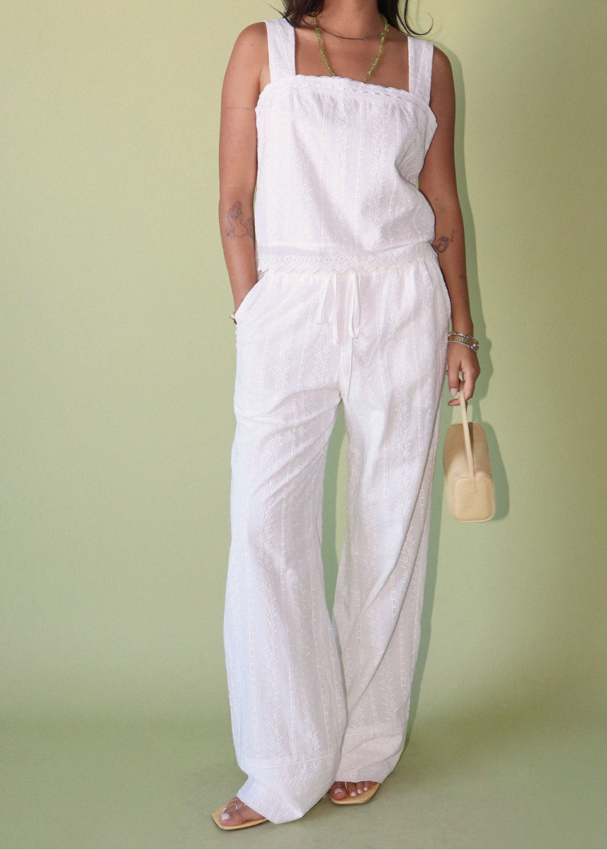 Agathe Broderie Wide Leg Pants - Cream