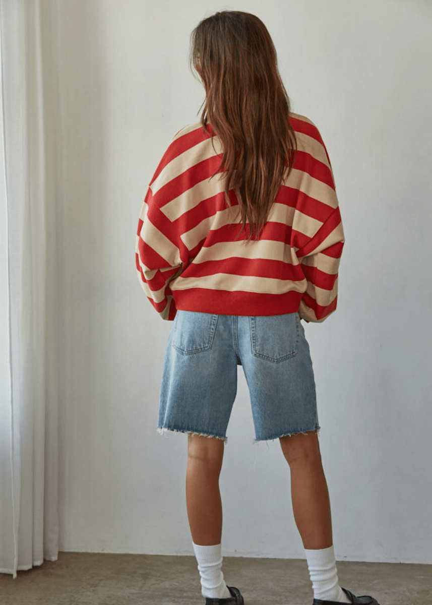 Amerie Striped Collared Pullover - Taupe Red