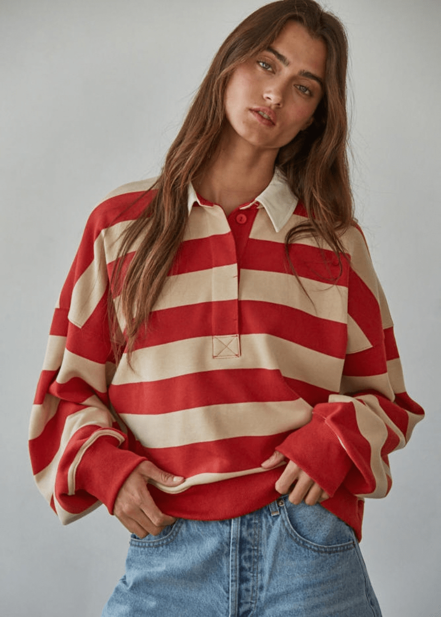 Amerie Striped Collared Pullover - Taupe Red