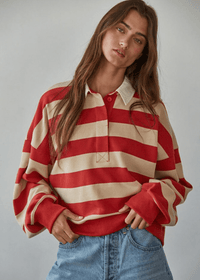 Amerie Striped Collared Pullover - Taupe Red