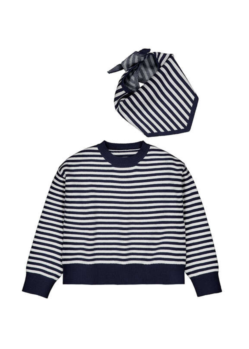 Augusta Striped Sweater With Scarf - Navy