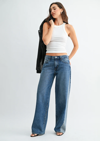 Contrast Seam Wide Leg Jeans - Medium Denim