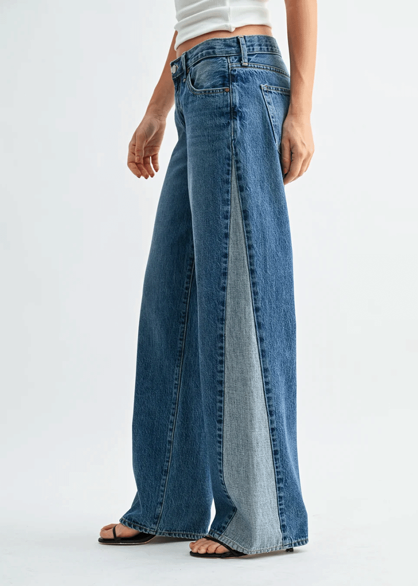 Contrast Seam Wide Leg Jeans - Medium Denim