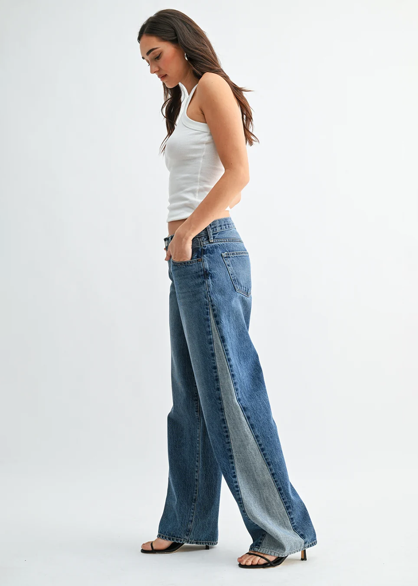 Contrast Seam Wide Leg Jeans - Medium Denim