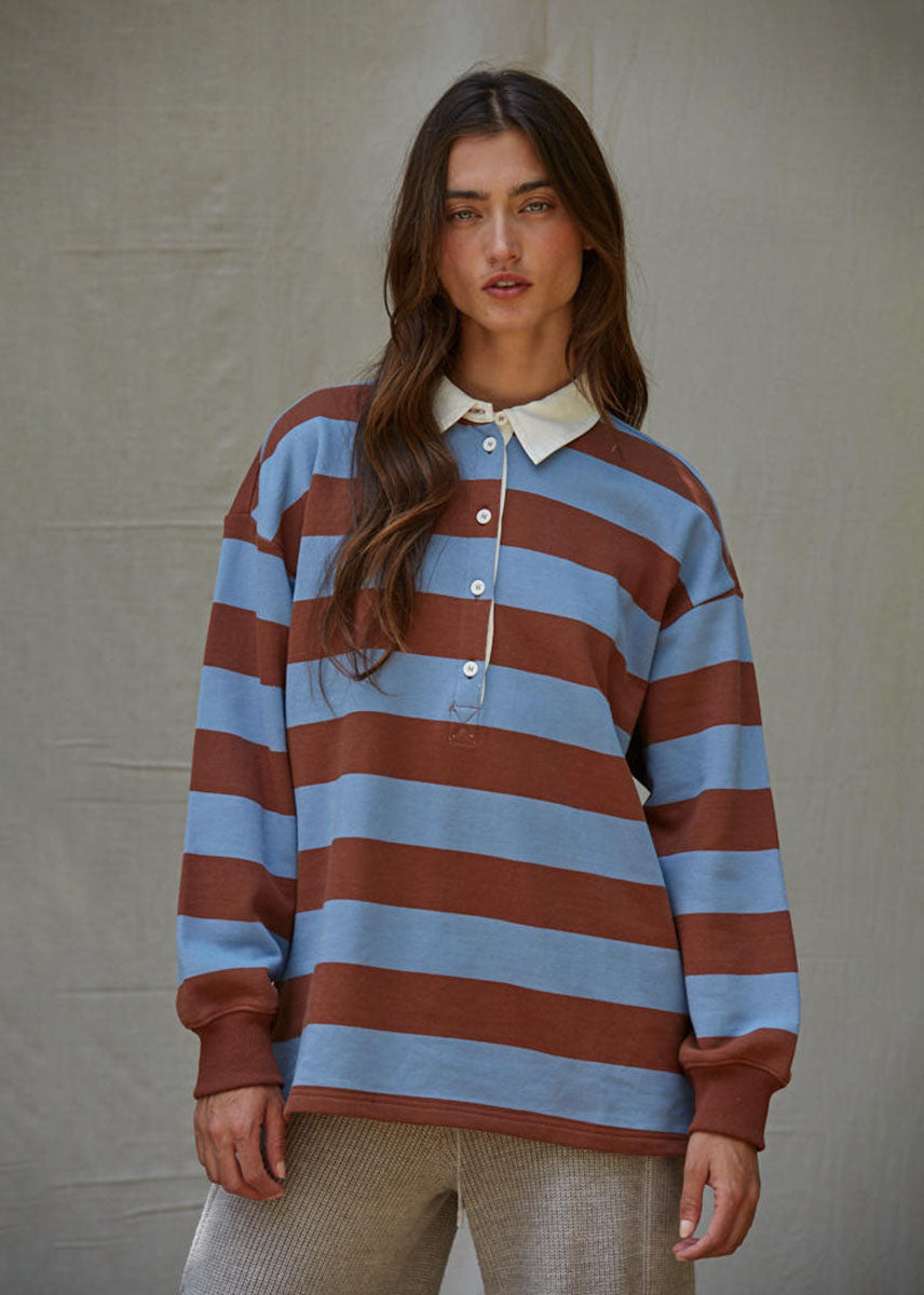 Study Hall Stripe Rugby Pullover - Brown Blue