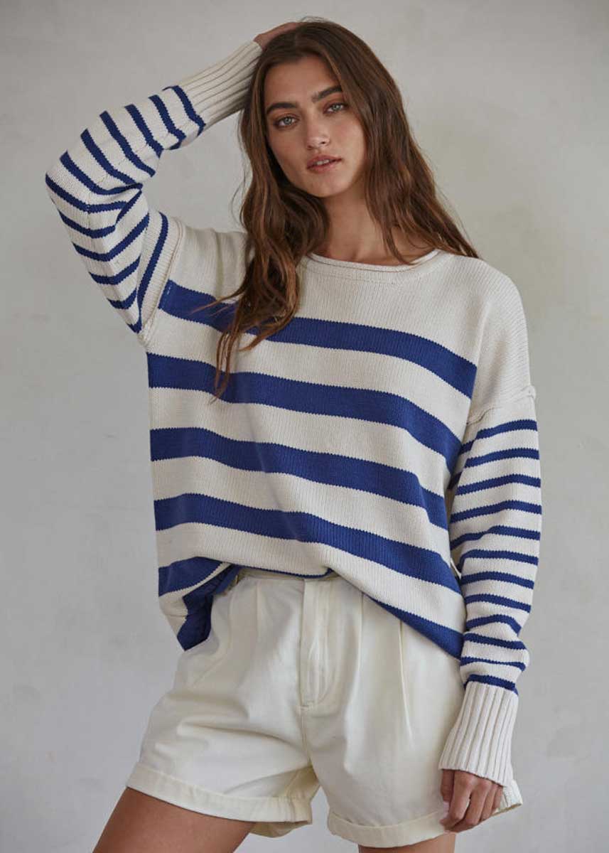 Get Cozy Pullover Sweater - Cream & Navy
