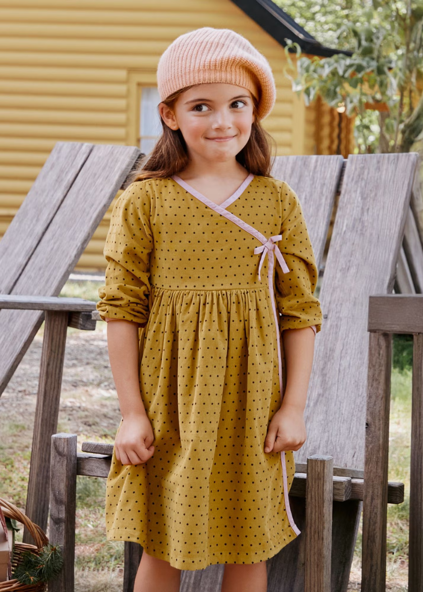 Balloon Sleeve Corduroy Wrap Dress - Tiny Dots