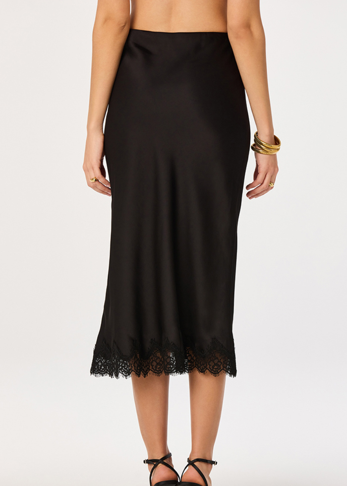 Blossom Lace Satin Midi Skirt - Black