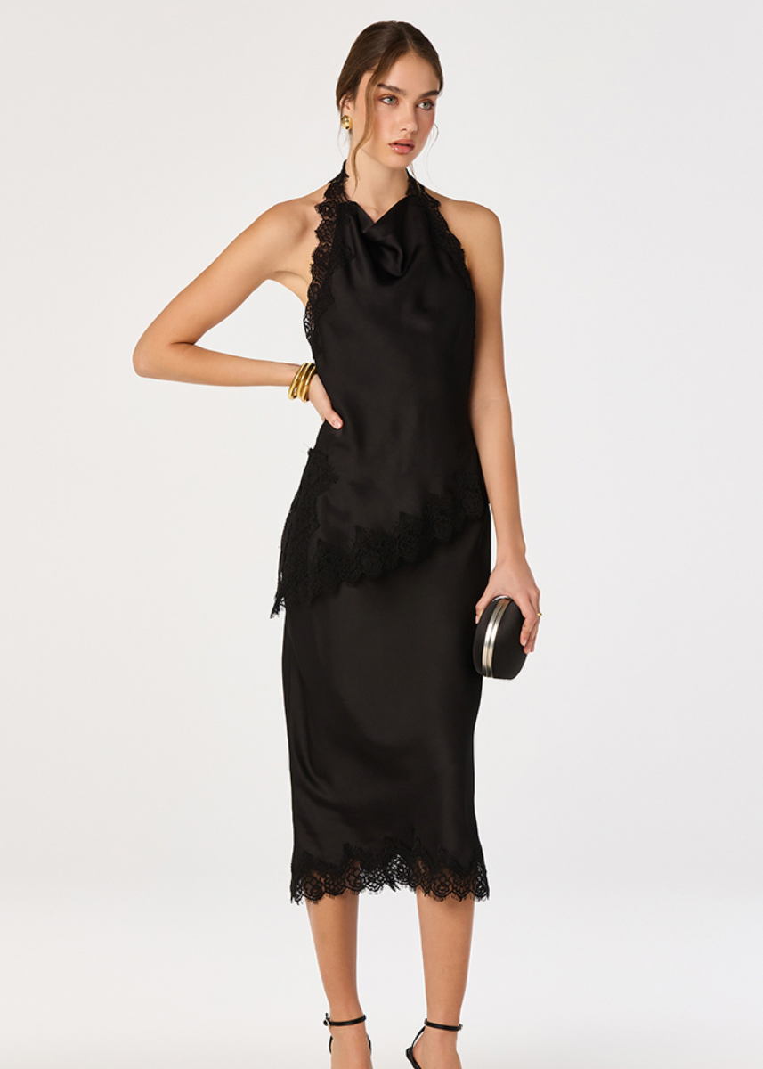 Blossom Lace Satin Midi Skirt - Black