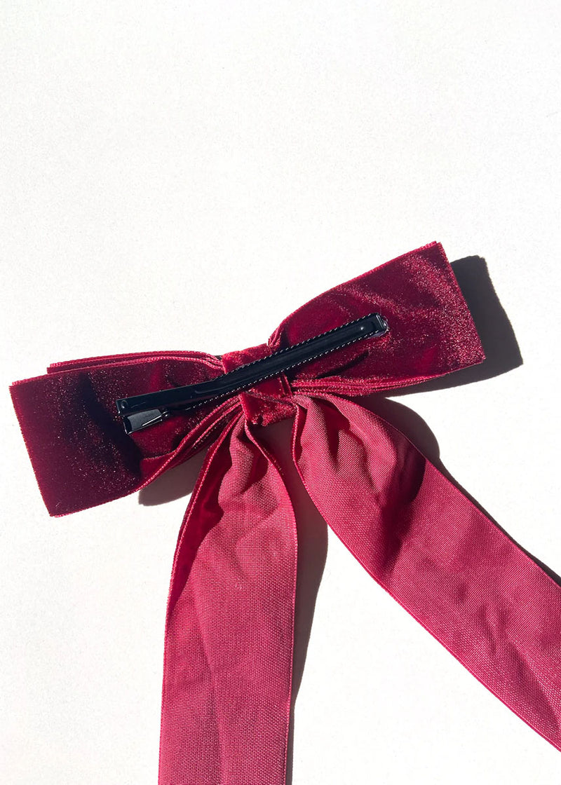 Classic Velvet Hair Bow Barrette - Red