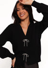 Ribbon Trim Puff Sleeve Cardigan - Black