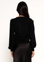 Ribbon Trim Puff Sleeve Cardigan - Black