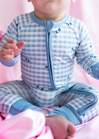 Blue XO Gingham Zipper Romper