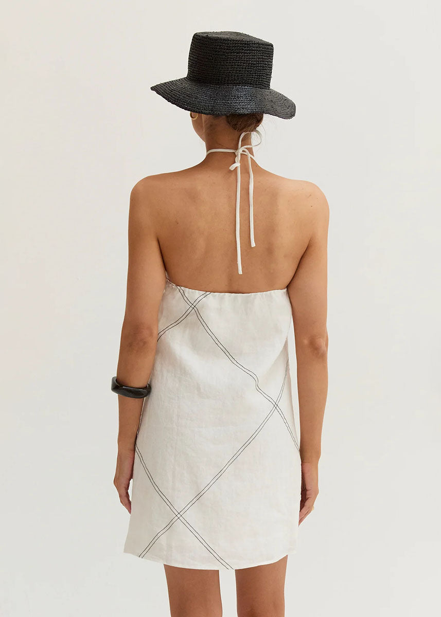 Lena Linen Stitch Halter Mini Dress - White