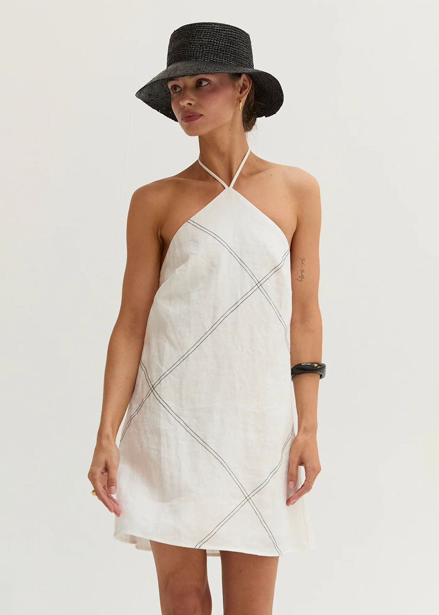 Lena Linen Stitch Halter Mini Dress - White