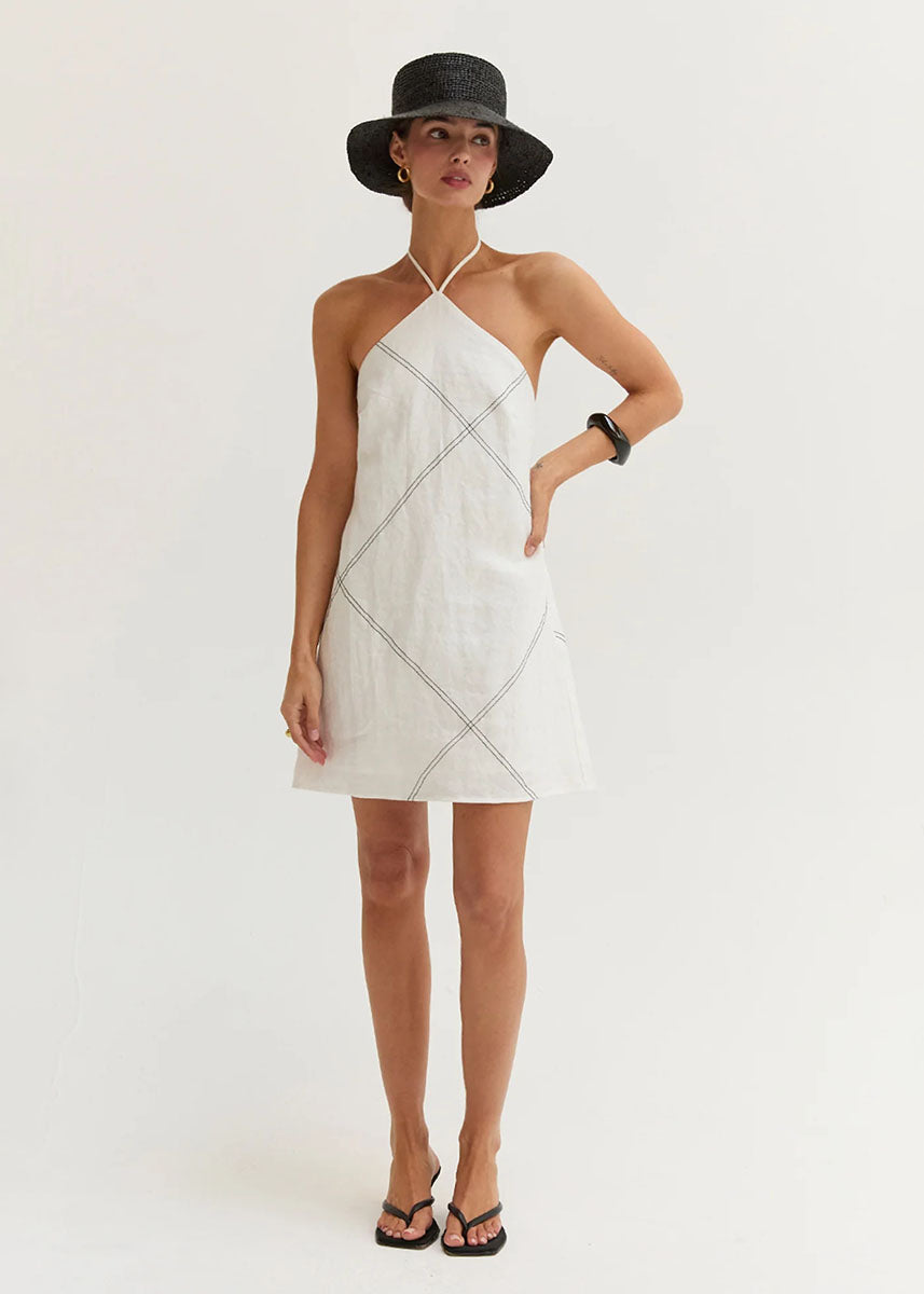 Lena Linen Stitch Halter Mini Dress - White Alice & Wonder Lena Linen Stitch Halter Mini Dress - White Alice & Wonder