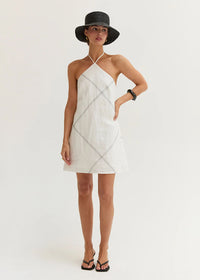 Lena Linen Stitch Halter Mini Dress - White