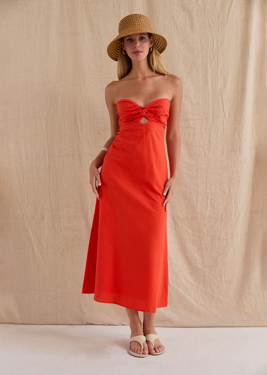 Emery Linen Twist Midi Dress - Burnt Orange