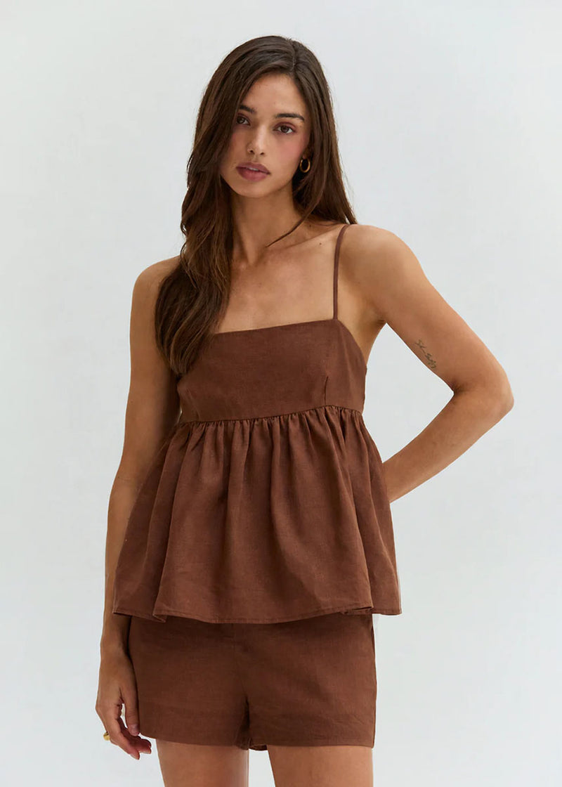 Isla Linen Tie Babydoll Top - Brown