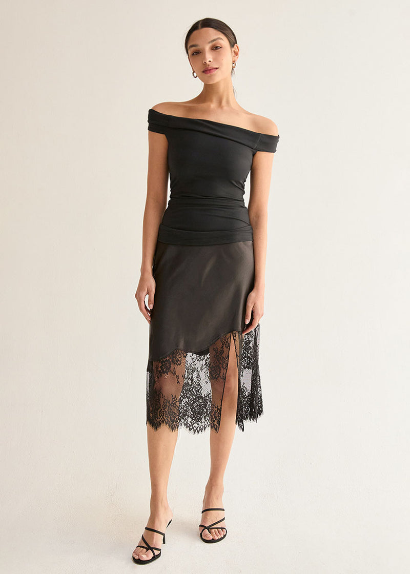 Ivy Satin Lace Midi Skirt - Black