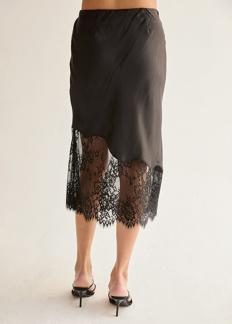 Ivy Satin Lace Midi Skirt - Black