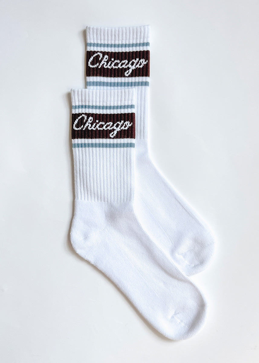 Chicago Script Triple Stripe Long Crew Sock - Espresso & Blue