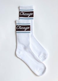 Chicago Script Triple Stripe Long Crew Sock - Espresso & Blue