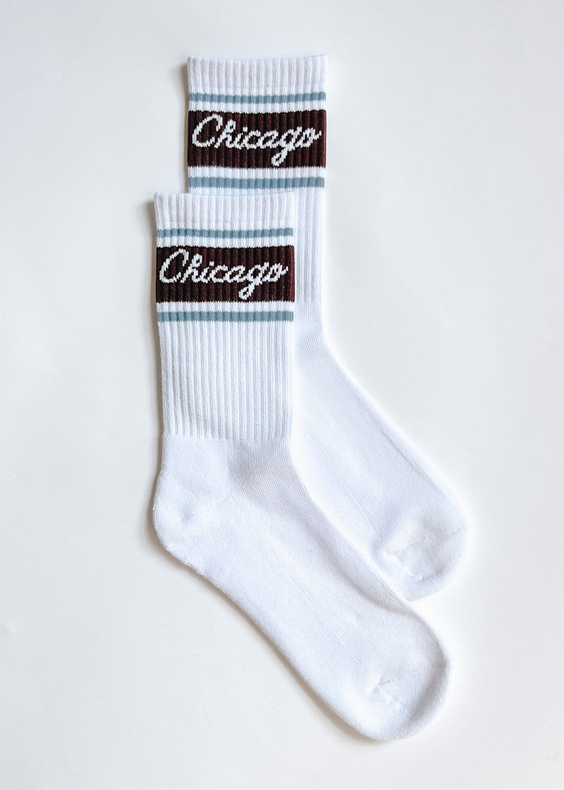Chicago Script Triple Stripe Long Crew Sock - Espresso & Blue