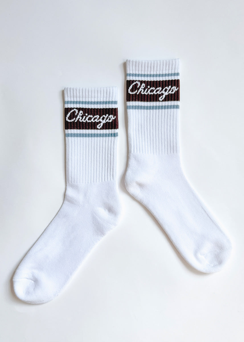 Chicago Script Triple Stripe Long Crew Sock - Espresso & Blue