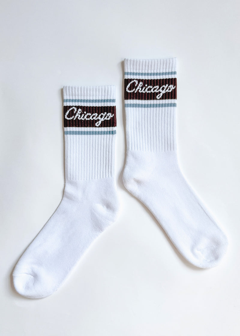 Chicago Script Triple Stripe Long Crew Sock - Espresso & Blue