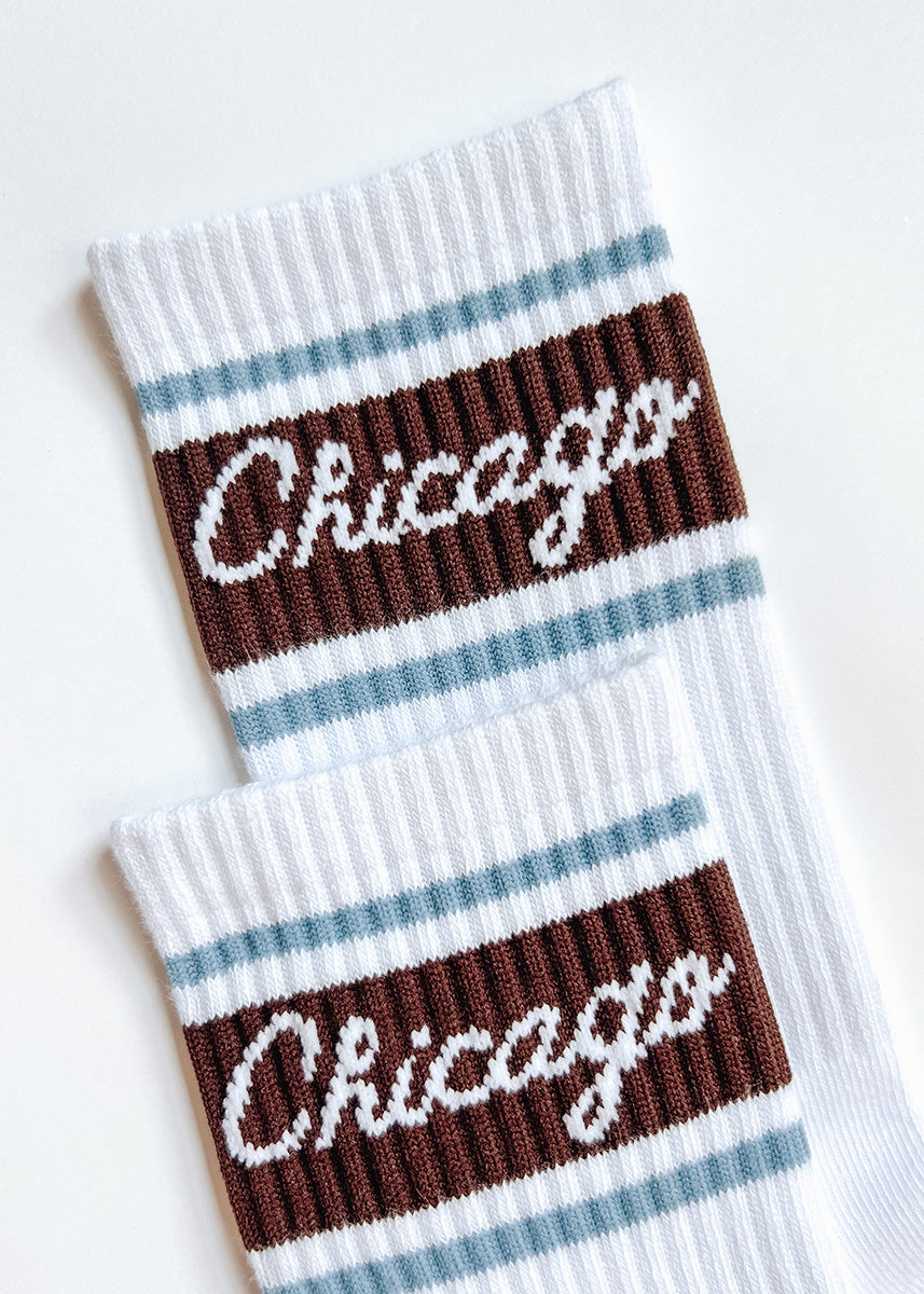 Chicago Script Triple Stripe Long Crew Sock - Espresso & Blue