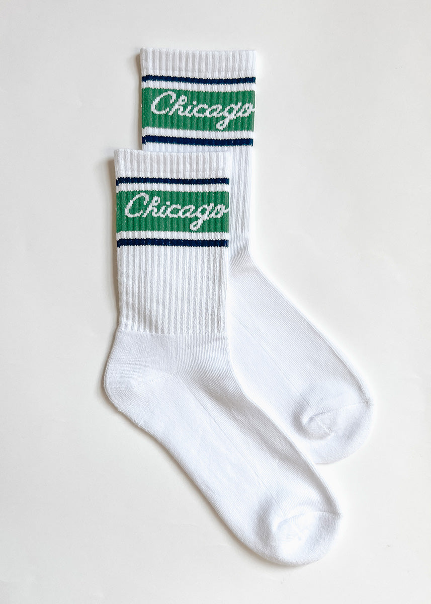 Chicago Script Triple Stripe Long Crew Sock - Green & Navy