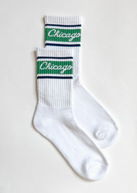 Chicago Script Triple Stripe Long Crew Sock - Green & Navy