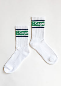 Chicago Script Triple Stripe Long Crew Sock - Green & Navy