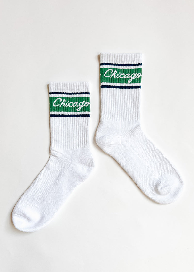 Chicago Script Triple Stripe Long Crew Sock - Green & Navy