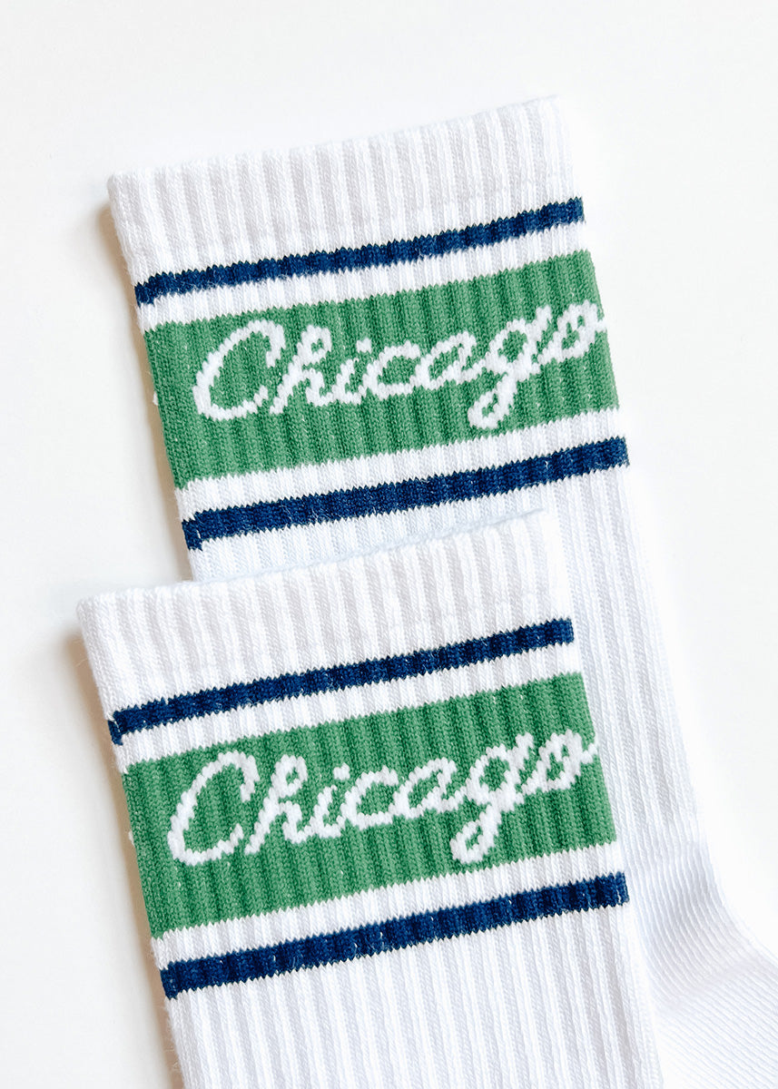 Chicago Script Triple Stripe Long Crew Sock - Green & Navy